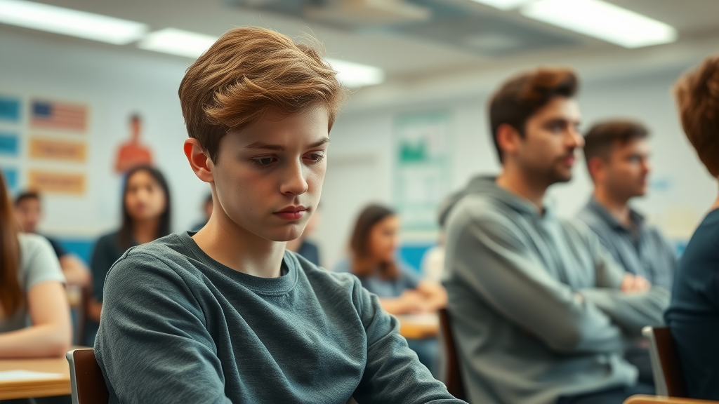 Teenager isolated in a classroom, demonstrating the academic and emotional impacts of authoritarian parenting style