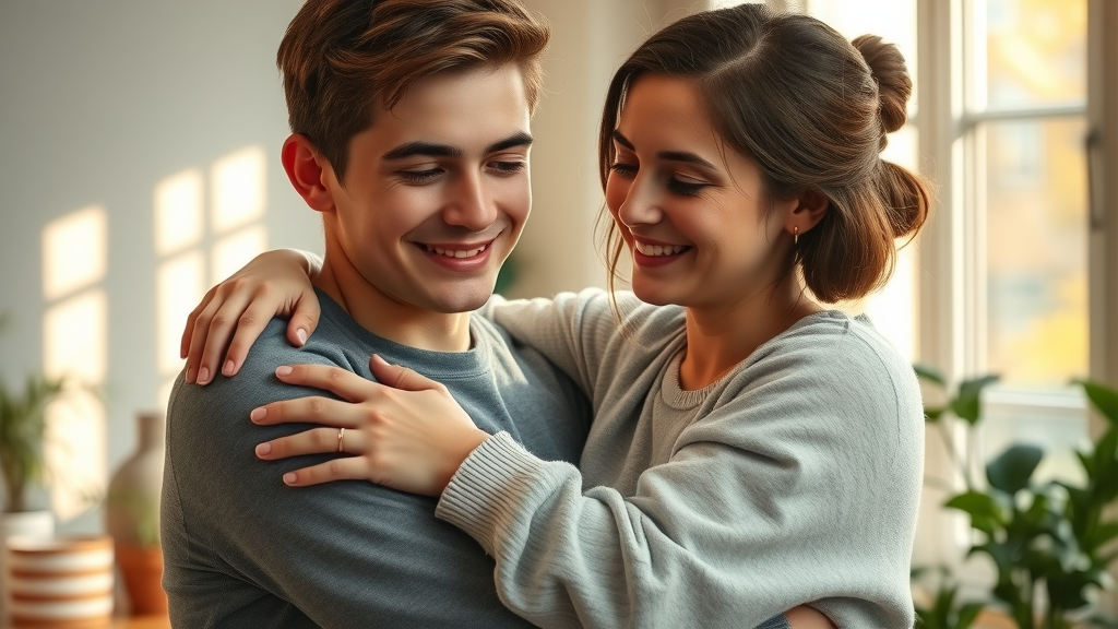 Positive family embrace reflecting healthy teenager child behavior and development