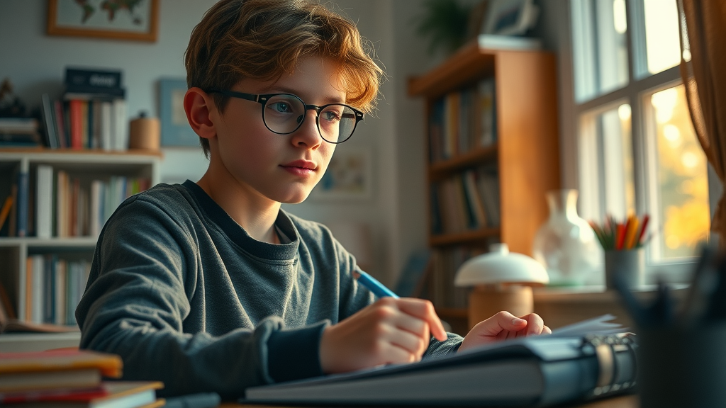 Motivated teenager studying at home, working diligently on assignments, demonstrating parental support for teen education