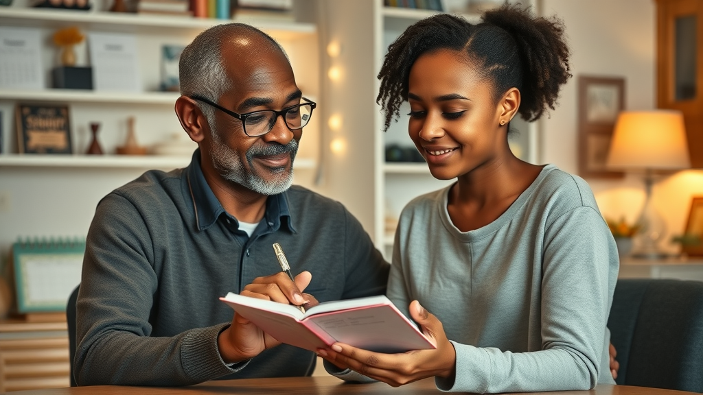 Encouraging single parent helping teenage student set academic goals, supporting parental involvement for teen success