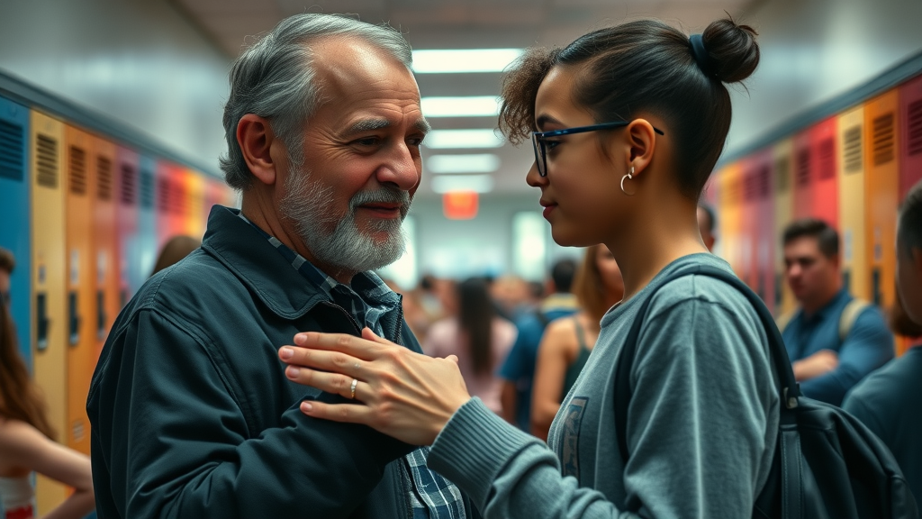 Reflective parent and teenager exchanging supportive gestures at a high school event, highlighting challenges and support during adolescence