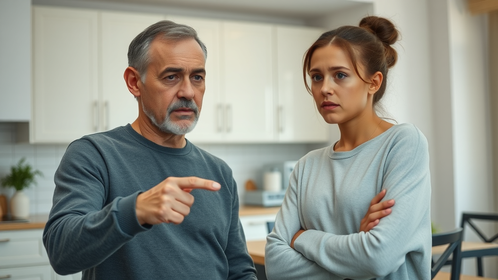 Authoritarian parent enforcing strict rules in a structured home environment