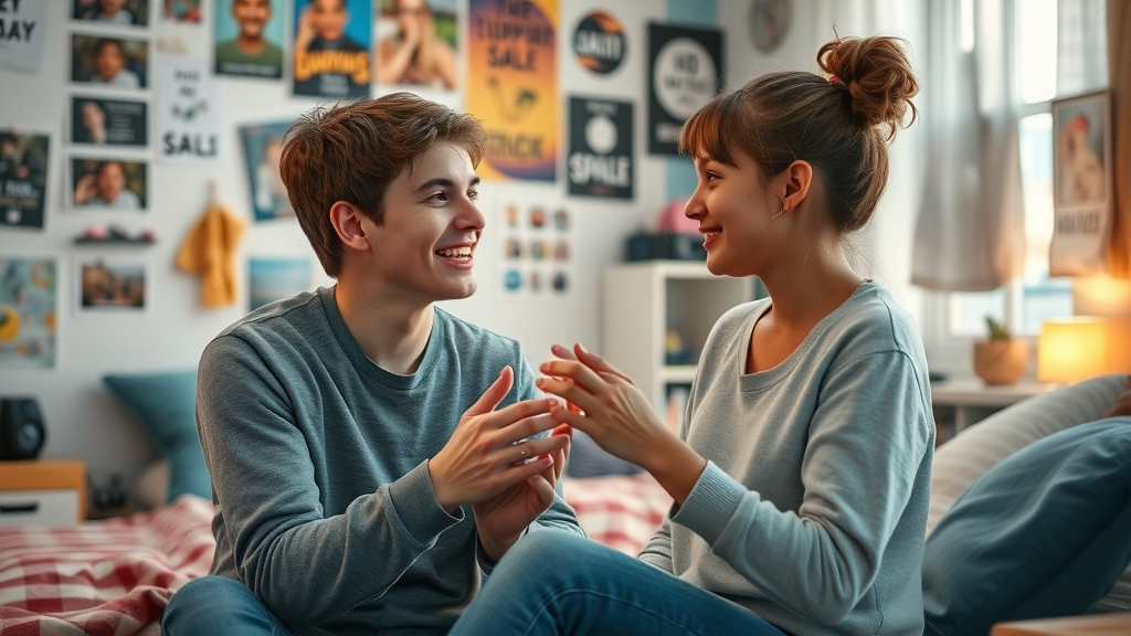 Permissive parent allowing teen freedom in a cozy bedroom setting