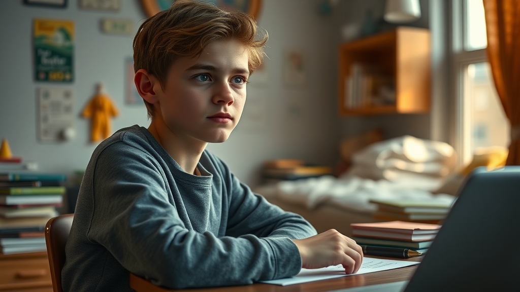 thoughtful teenager at a desk reflecting on homework in a cozy, organized study space with school supplies - helping teens with homework