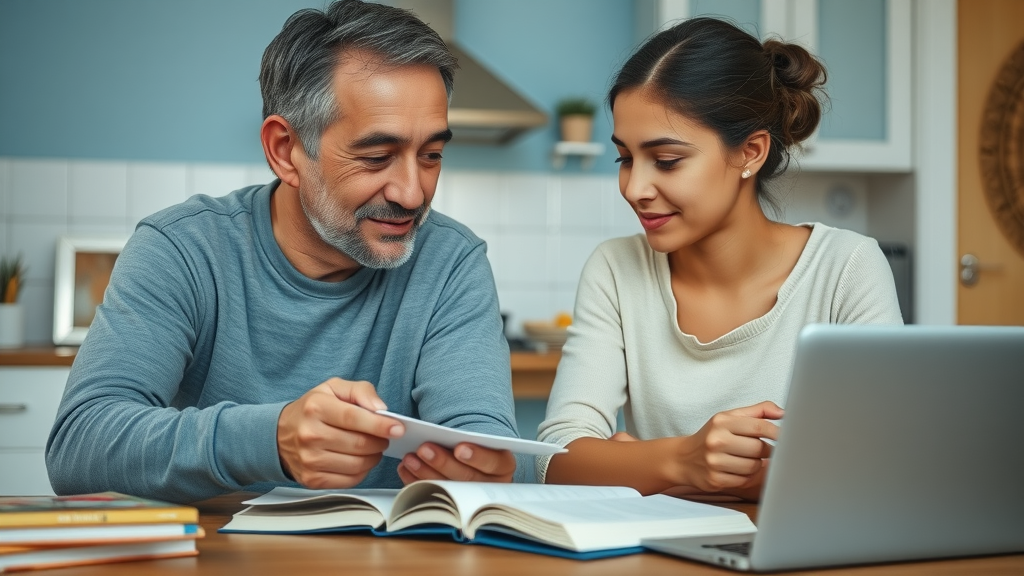 caring parent and teenager discuss homework together around the kitchen table, balancing support and independence - helping teens with homework