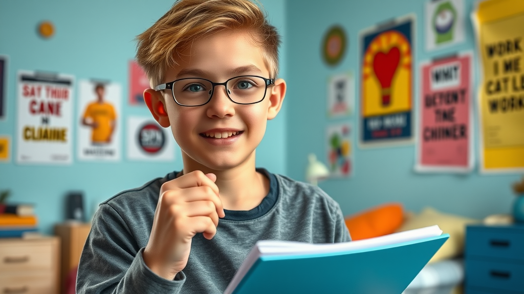 motivated teenager organizing planner in energetic, inspiring room, demonstrating motivation and accountability for homework