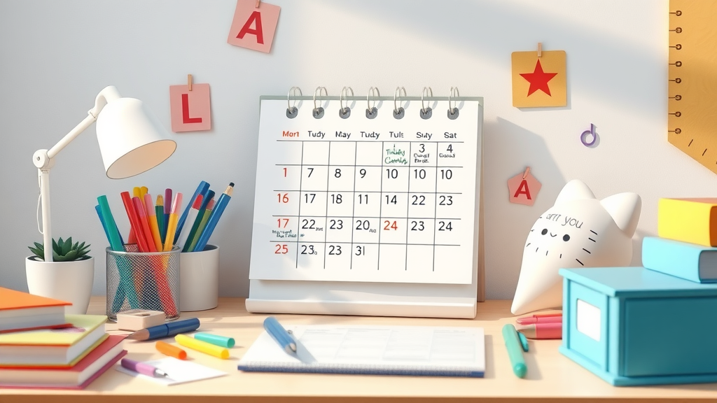 tidy desktop calendar and cheerful homework planning area designed for developing teen homework routine
