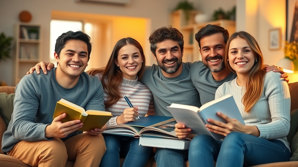 happy family of teens and parents celebrating homework success together in a cozy living room - helping teens with homework