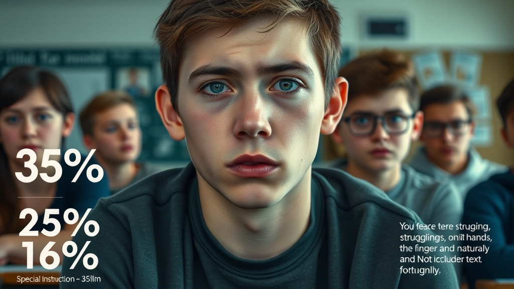 Infographic highlighting statistics about teens struggling in school, including mental health and school anxiety data, with teens and teacher in a classroom setting.