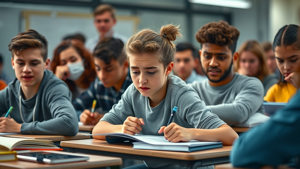 Diverse group of teens with stressed expressions taking a challenging test in a modern classroom.