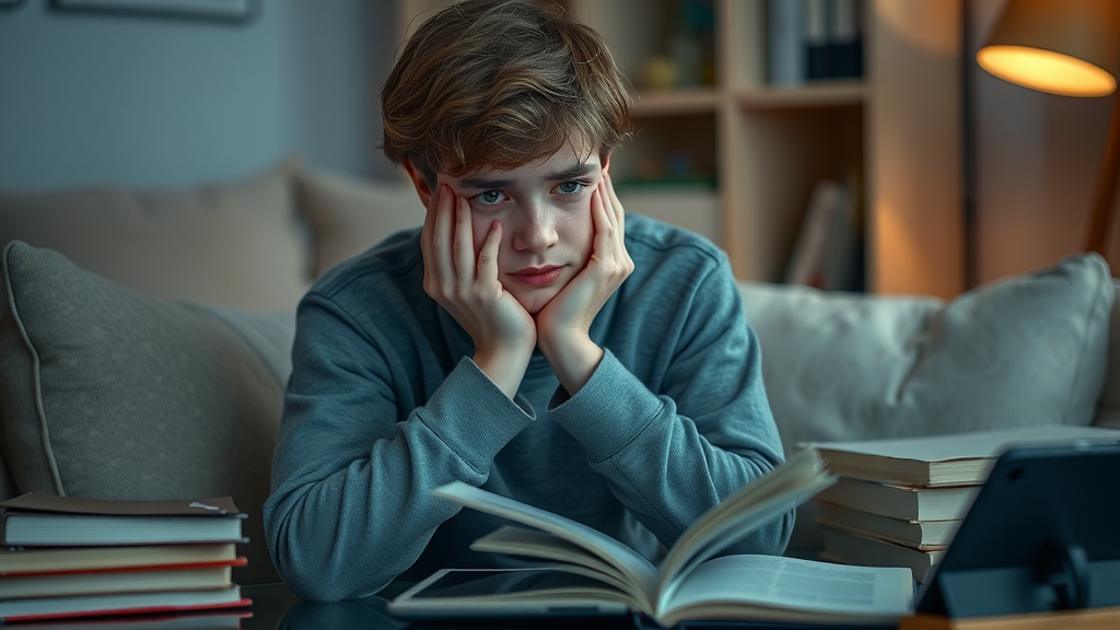 Teenager with contemplative expression seated with head in hands, surrounded by books and tablets, displaying subtle signs of school anxiety and mental health struggles.