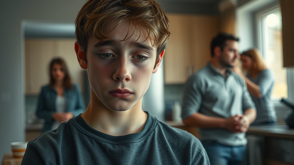 Teen with sad expression overhearing parents arguing in the background, home environment with tense family, highlighting family issues.