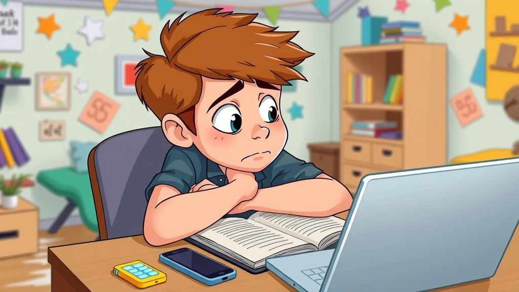 Teenager with bored expression slouched at desk avoiding homework, with phone and laptop nearby, representing lack of motivation.