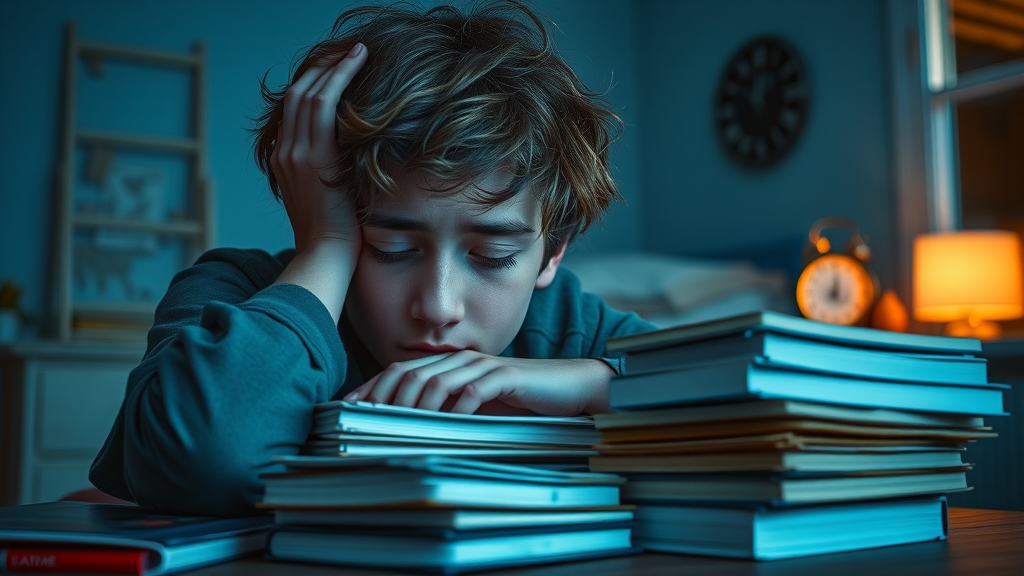 Teenager exhausted and dozing off at desk stacked with books, nighttime setting, showing impact of poor sleep on academic performance.
