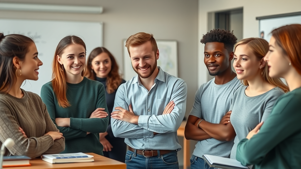 Supportive group with positive expressions, educator talking to attentive teens in a classroom, highlighting effective support for teens struggling in school.