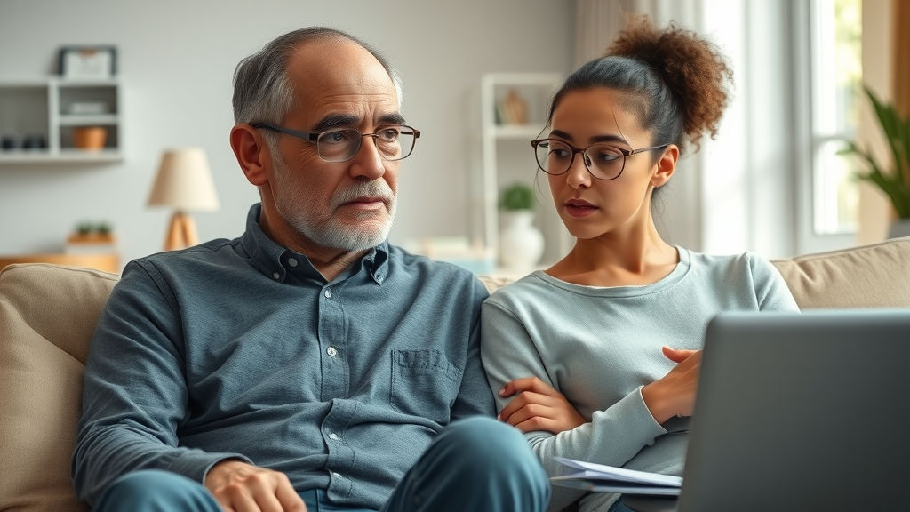 Concerned parent and teenager discussing academic struggles in a cozy modern living room with academic papers and a laptop | professional guidance for teens failing school