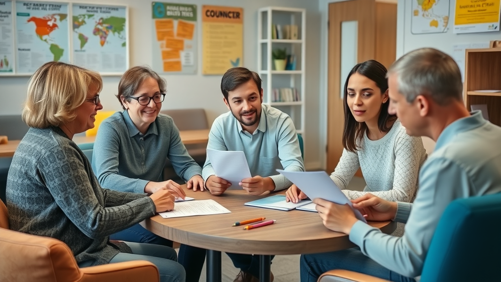 School counselor, parent, and teen discussing academic challenges in a supportive school office