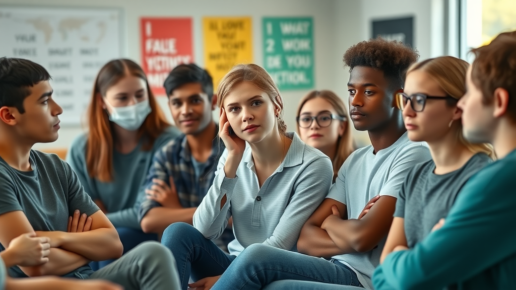 Mental health resources for teens: diverse group of teenagers supporting each other in classroom