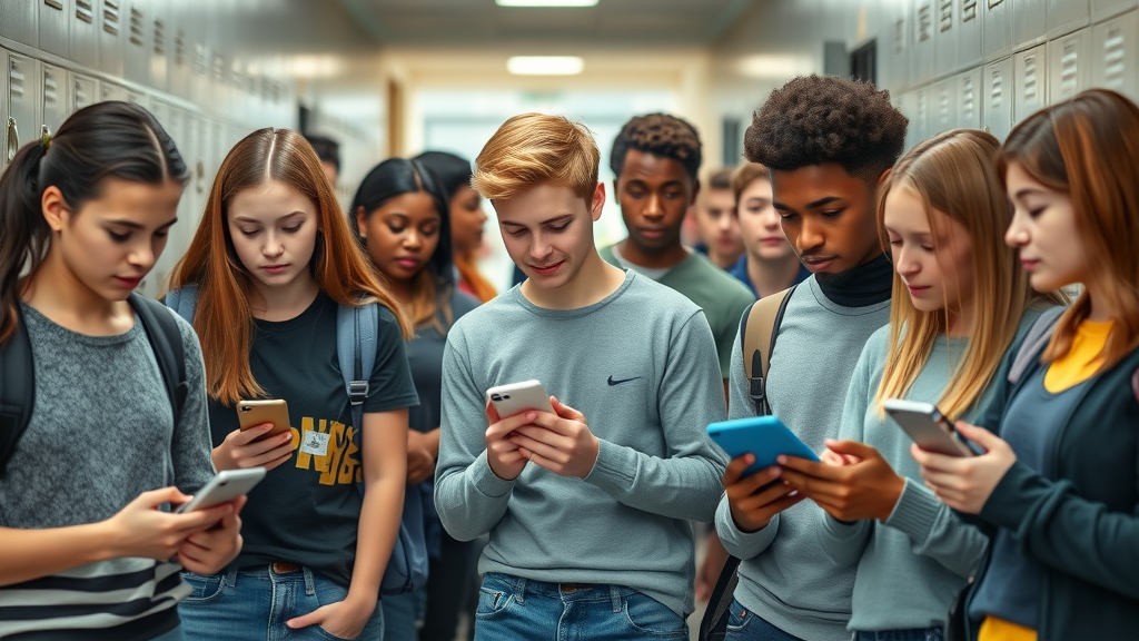 Thoughtful diverse group of teenagers using smartphones in a modern school hallway, teen mental health social media
