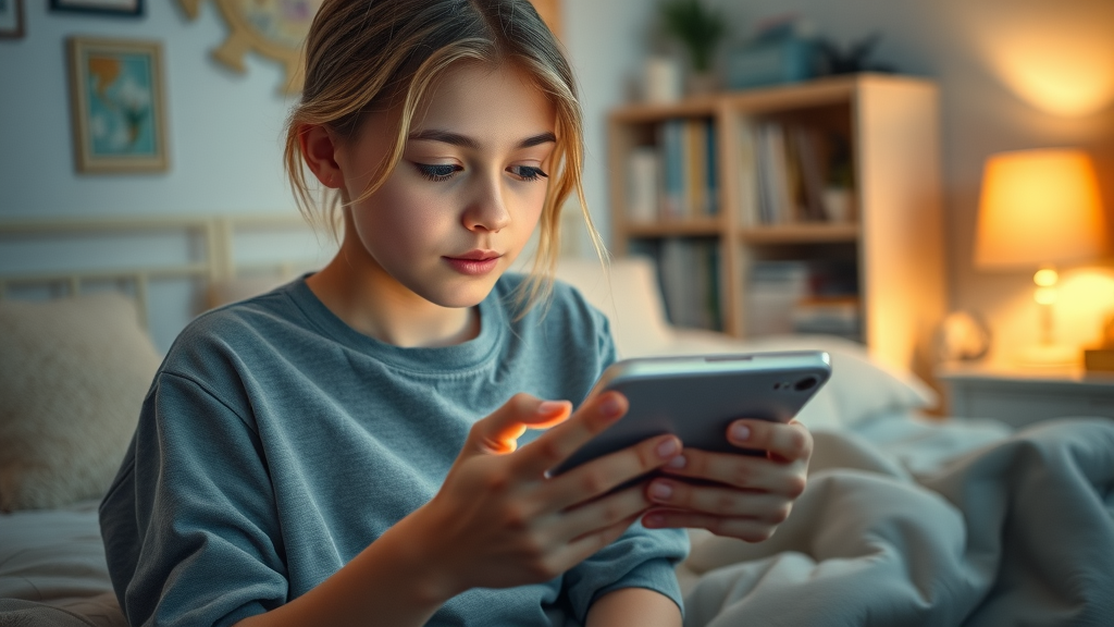 Engaged teenager scrolling on smartphone in bedroom, youth mental health social media
