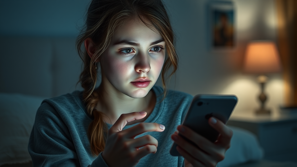 Concerned teen girl reading negative comments on her smartphone, negative effects on mental health