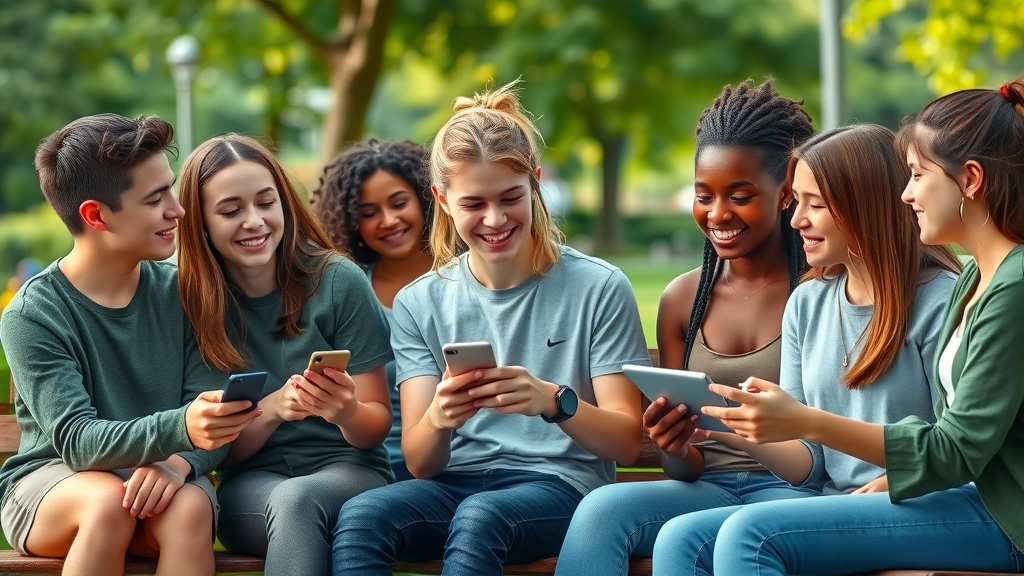 Diverse group of teens comparing social media experiences in an outdoor park, youth mental health