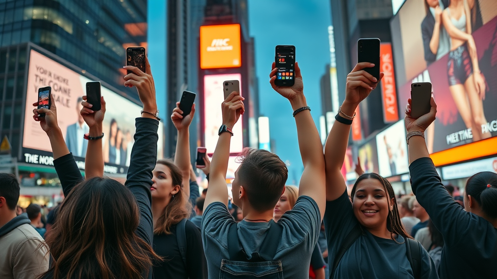 Motivated teenage activist group raising smartphones for youth mental health in cityscape