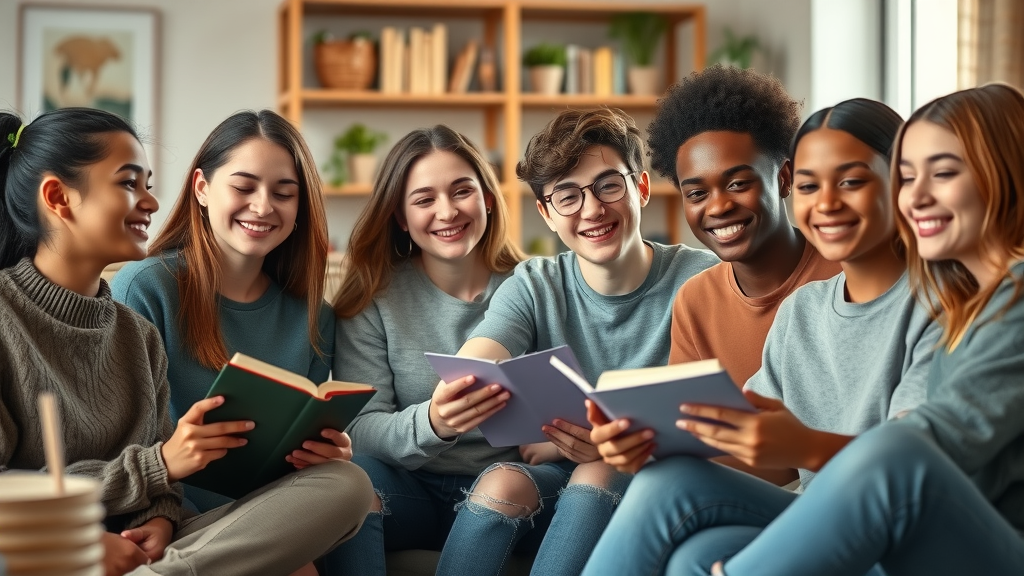 uplifting diverse group of teenagers, smiling, sitting together in a cozy living room, journal in hand, Photorealistic High Fidelity Lifelike, modern decor background with bookshelves and natural light from a window, highly detailed, writing and sharing, warm tones, soft natural lighting, shot with a Canon RF 35mm f/1.8 lens.