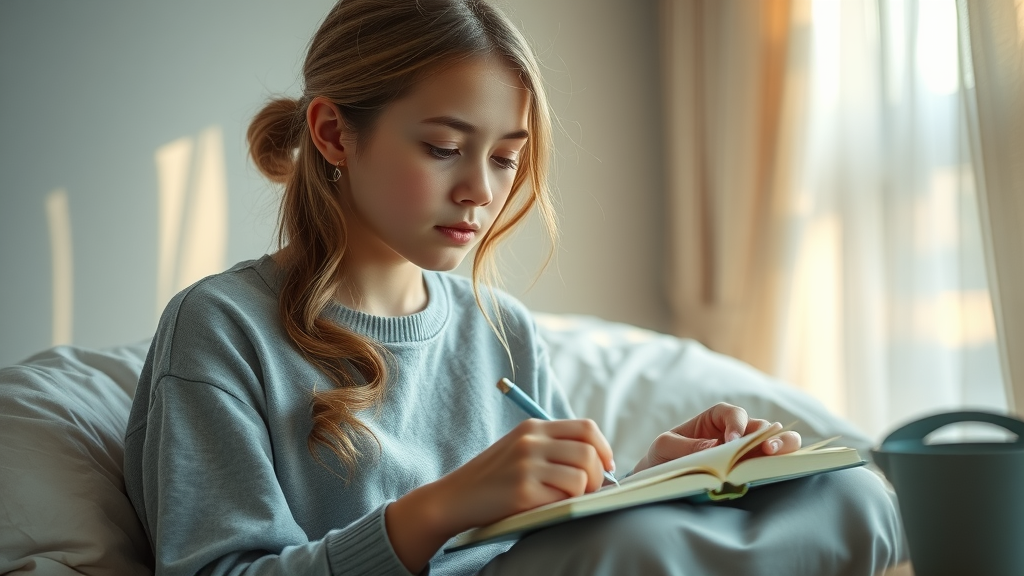 reflective teenage girl, thoughtful, writing quietly in a personal journal, Photorealistic High Fidelity Lifelike, soft bedroom environment with gentle sunlight filtering through curtains, highly detailed, peaceful and introspective mood, subtle pastel colors, diffused morning lighting, shot with a Nikon AF-S 50mm f/1.4 lens.