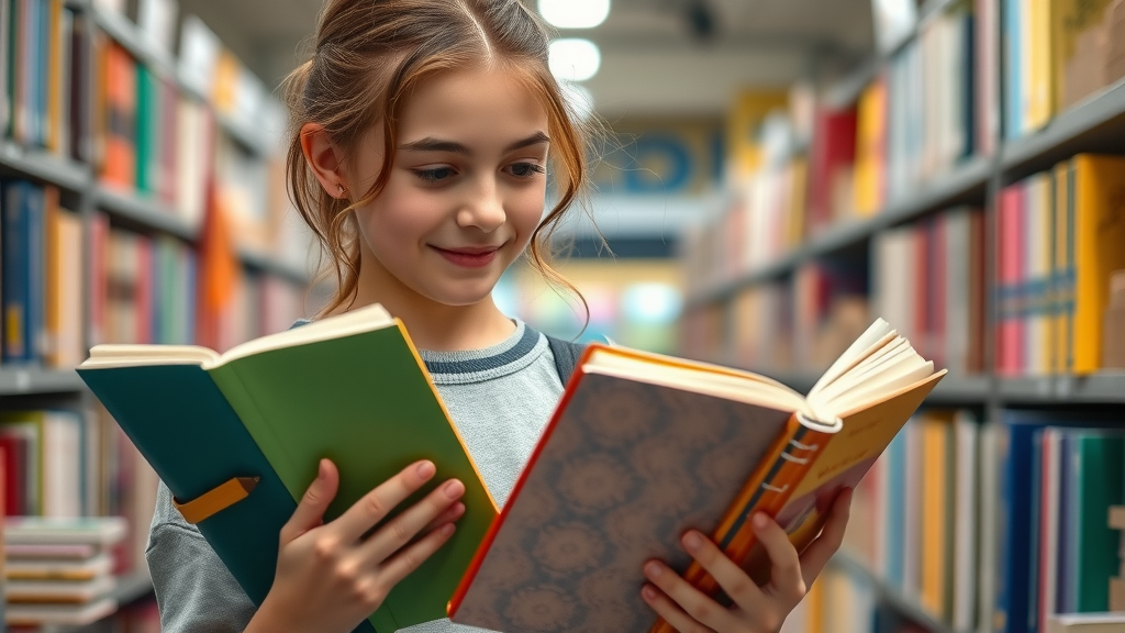 engaged teenager, deciding between different colorful journals, curious, opening covers and comparing journal types, Cinematic, bookstore or stationary aisle background with neat shelves, highly detailed, gentle movement with picking up books, vibrant color palette, soft spotlight lighting, shot with a Sony FE 35mm f/1.4 GM lens.