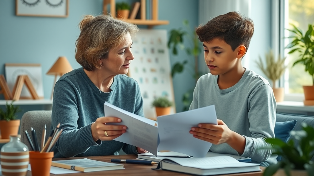 supportive therapist with teenage boy, empathetic, discussing journal entries in a cozy therapy office, Photorealistic High Fidelity Lifelike, calm background with art supplies and plants, highly detailed, papers and journals on table, soft blue and green hues, ambient daylight, shot with a Canon RF 50mm f/1.2 lens.