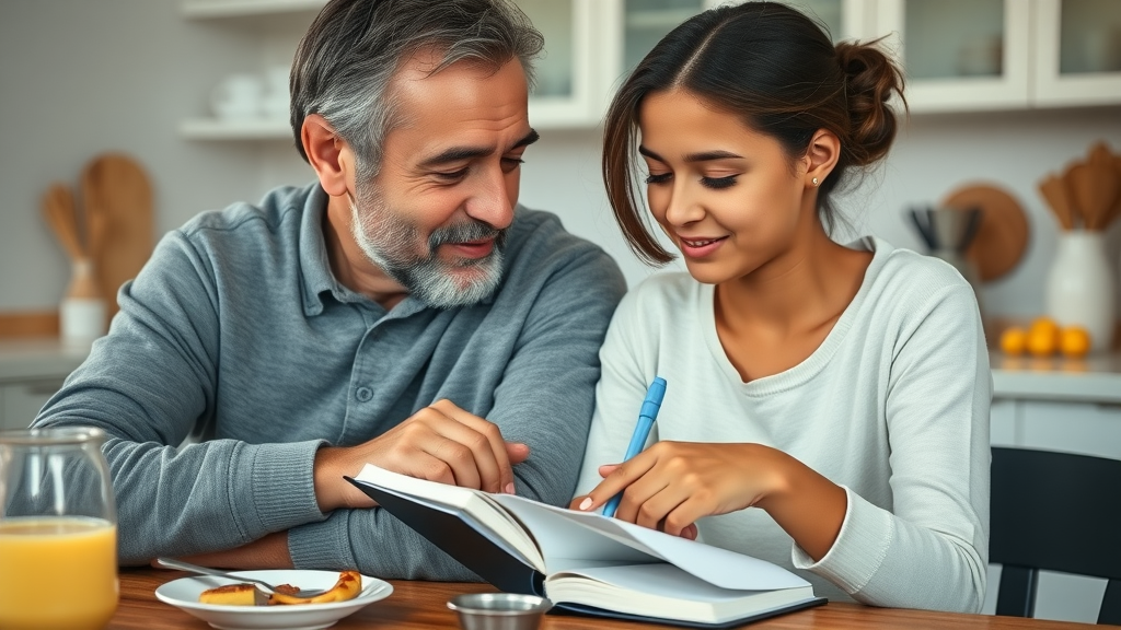 caring parent and teenager, warm, talking gently while the teen writes in a journal, Photorealistic High Fidelity Lifelike, comfortable kitchen table with breakfast items in the background, highly detailed, both sitting side by side, natural skin tones, morning soft light, shot with a Sigma 35mm f/1.4 Art lens.