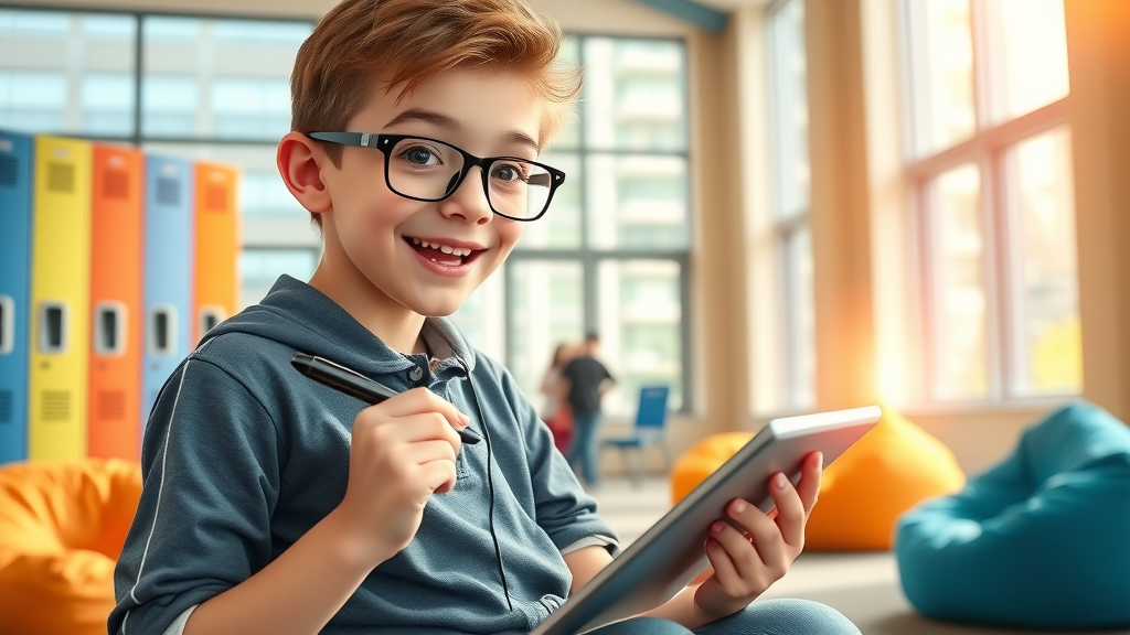 optimistic teenage boy, motivated, journaling in a digital notebook on a tablet with stylus, 3D Cartoon, vibrant school common area with colorful lockers and bean bags, highly detailed, light streaming through large windows, energetic color burst, backlight effect, shot with a Fujifilm XF 23mm f/1.4 lens.
