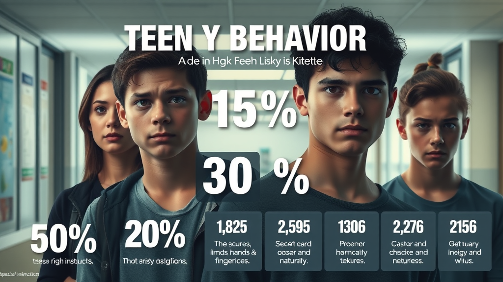 compelling infographic showing teen risky behavior statistics, serious facial expressions, focusing on presenting percentage figures and categories, Photorealistic High Fidelity Lifelike, school hallway background with subtle educational posters, highly detailed, dynamic layout with teen silhouettes, cool tones, soft classroom lighting, shot with a 24mm lens.