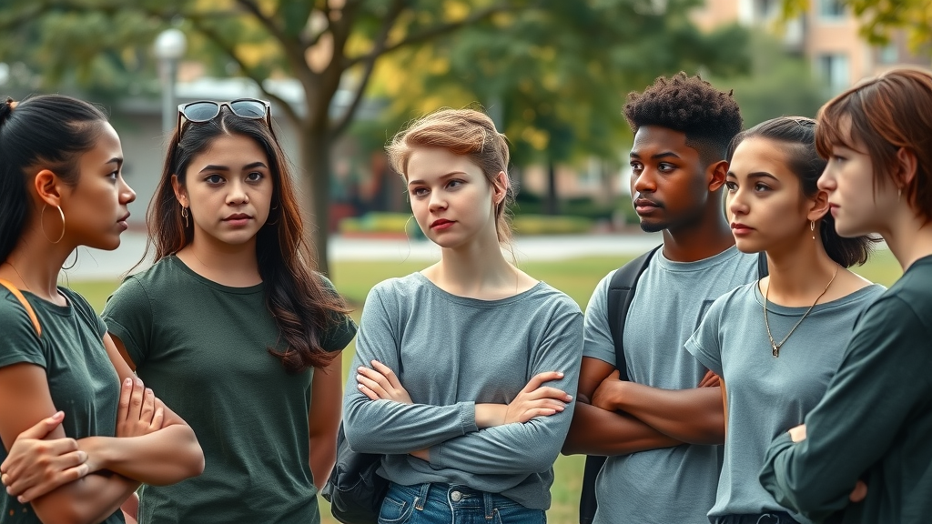 thoughtful diverse group of teens, reflective expressions, discussing or observing peer activity, Photorealistic High Fidelity Lifelike, urban park background with visible community center nearby, highly detailed, teens in casual conversation, earth tones, natural daylight, shot with a 50mm lens.