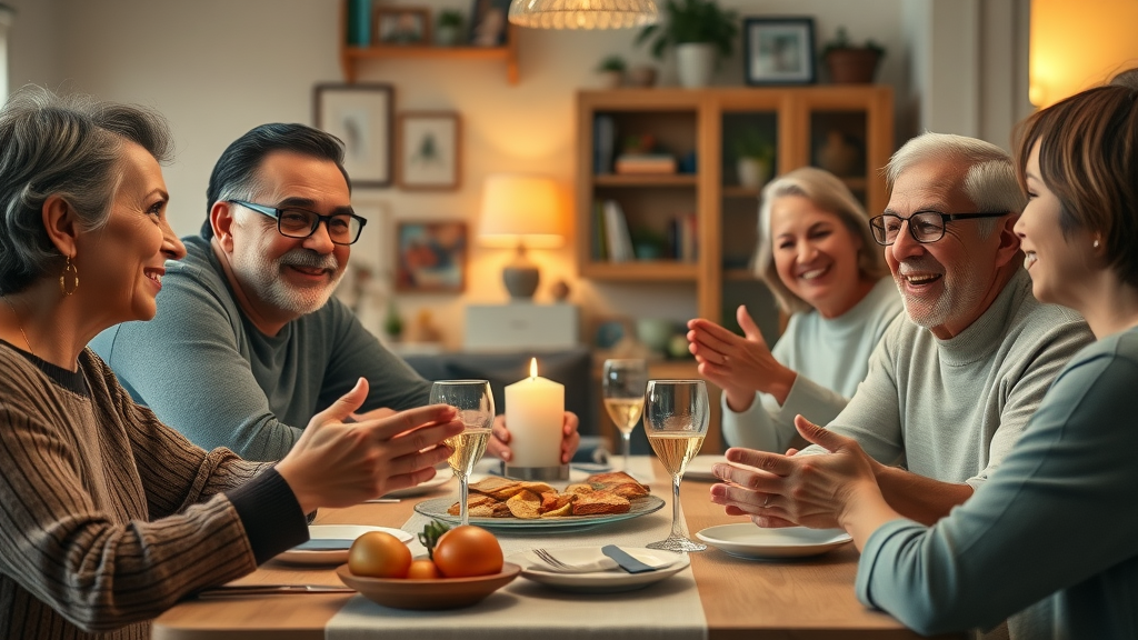 optimistic multigenerational family, warm expressions, engaging in an open conversation at the dinner table, Photorealistic High Fidelity Lifelike, cozy home interior with family photos, highly detailed, animated gestures, ambient lighting, shot with an 85mm lens.