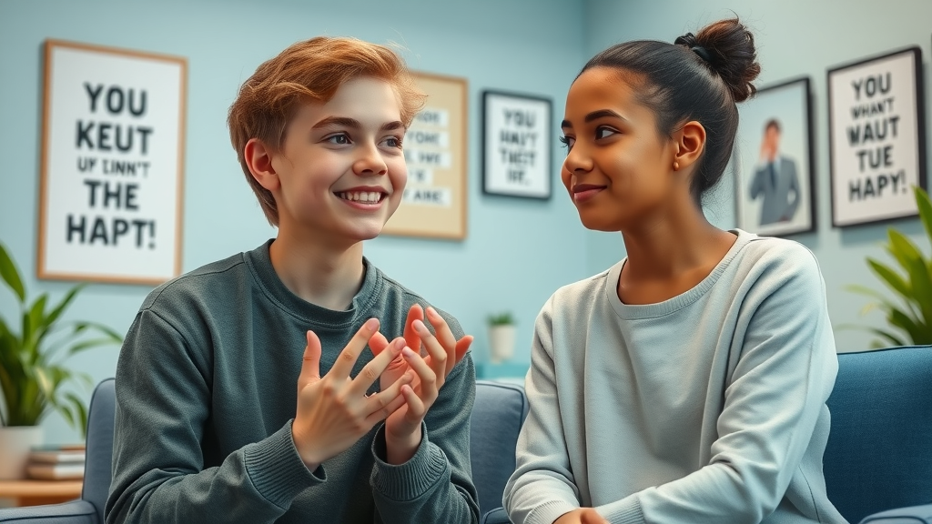 hopeful teen with counselor, attentive expressions, mental health support session, photorealistic, counseling office, motivational posters, plants, clean blues and greens, calm lighting, 50mm lens.
