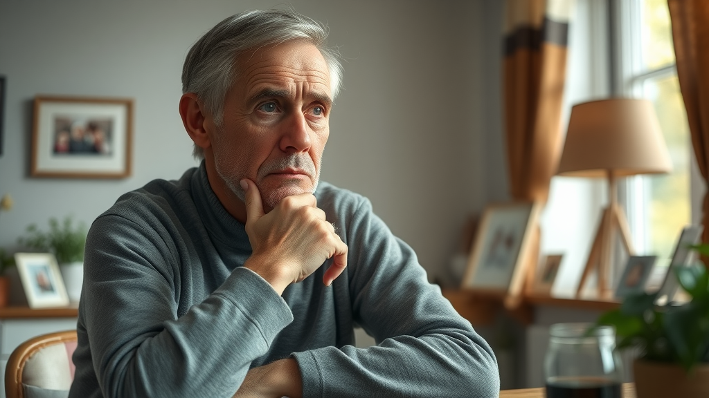 emotional support for parents of teens: a thoughtful middle-aged parent reflecting at a table - cozy home environment, family photographs in background, soft window light