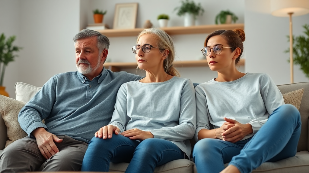 family mental health: parents of teens and young adults, mixed emotions in living room, subtle tension, photorealistic modern decor