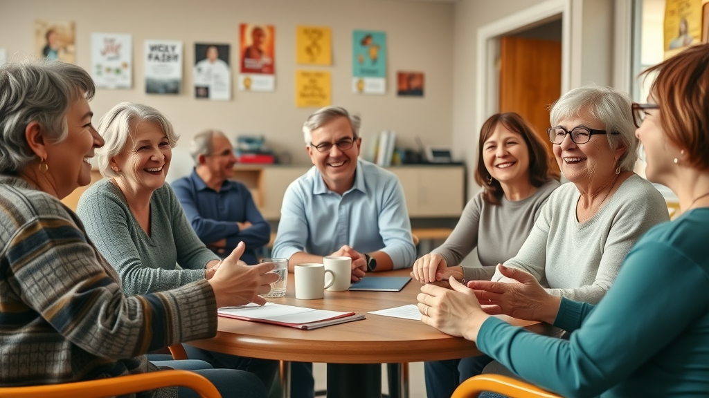 peer social support for parents of teens: friendly parent group discussing around coffee table in community center, photorealistic, active listening, warm atmosphere