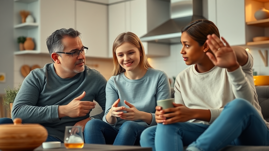 parent-teen emotional support: family having an attentive conversation in kitchen, warm evening light, smiling and listening, photorealistic