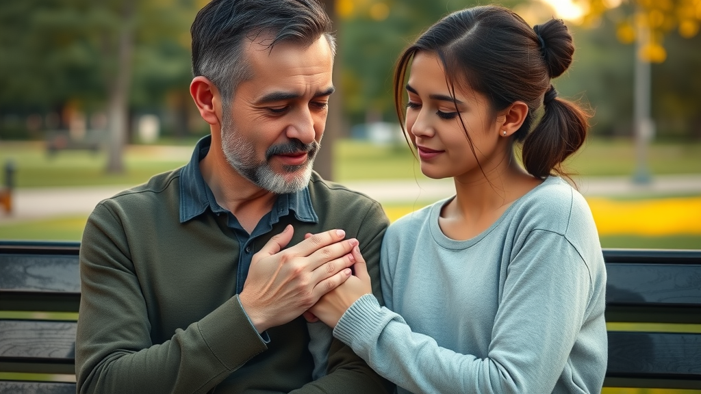 emotional support for parents of teens: compassionate parent comforts teen on park bench, soft golden hour light, photorealistic, subtle connection