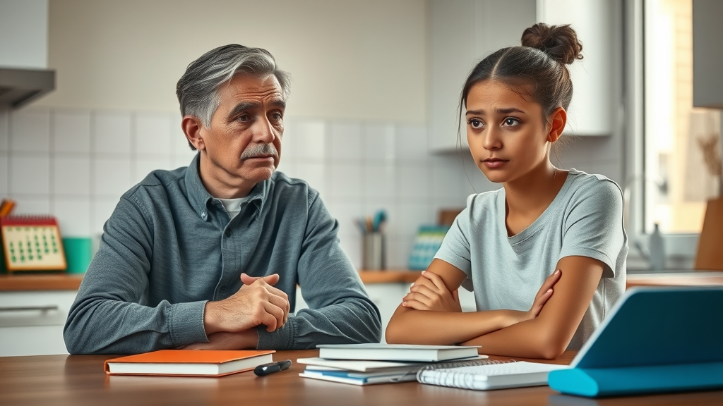 Concerned parent and disengaged teen, neutral expressions, sitting across a kitchen table with schoolbooks, discussing teen motivation in school. Photorealistic, modern kitchen background, natural sunlight, warm colors.