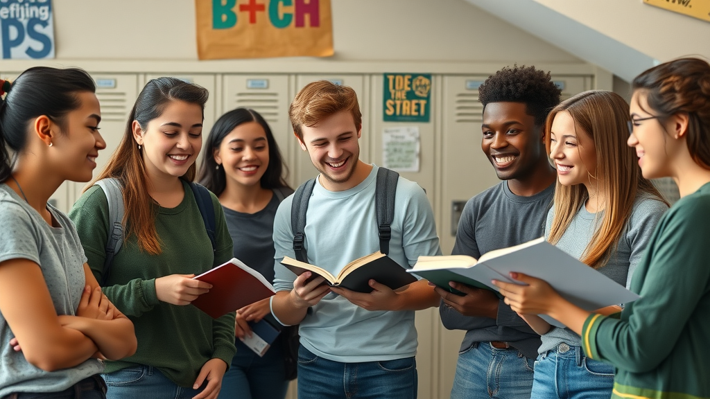Diverse group of teenagers discussing school, staying motivated together in a high school common area. Motivational posters, positive peer interaction, natural daylight.