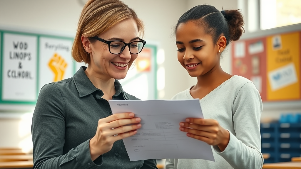 Supportive teacher and student discussing report card, encouraging academic performance. Classroom with motivational posters, sunlight, gentle body language.