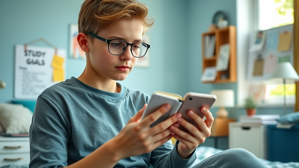 Motivated teen checking study goal app on smartphone. Staying motivated with study skills and time management in a neatly organized bedroom with a vision board.