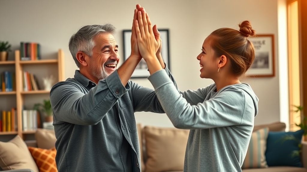 Joyful parent and teen high-fiving in living room, celebrating academic achievement. School awards, warm golden hour lighting, vibrant and success-focused.