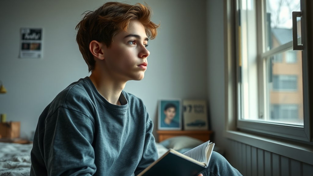Thoughtful teenager looking out window, dealing with motivation and mental health challenges affecting school motivation. Softly lit bedroom, muted color palette.