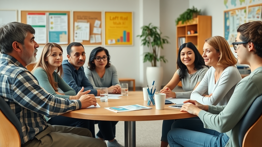 Collaborative meeting with parents, teacher, and teens discussing academic performance and motivation. Animated and open, in a bright school conference room.