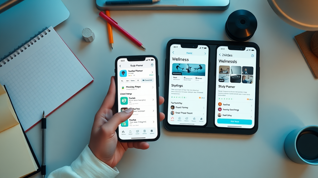 Modern smartphone and tablet with teen motivation and study tools apps for organization, mental health, and time management. Digital study planner and wellness screens on desk, bright colors.